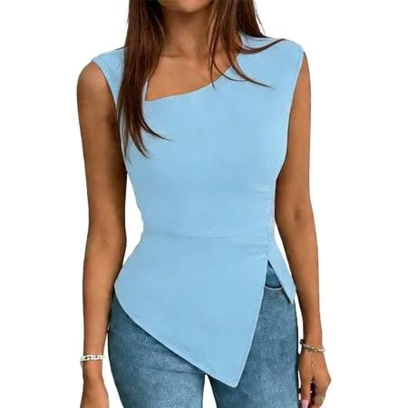 asymmetric neck top Women's Asymmetrical Neck Split Hem Fitted Tank Top Walmart - YeweiCloth $12.69