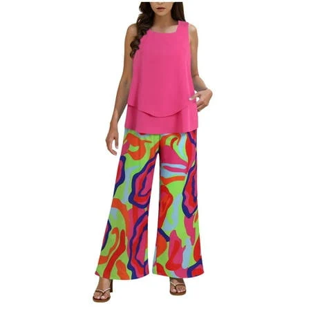 two piece set Women's Boho Floral Sleeveless Tiered Tank Top and Wide Leg Pant Suit Walmart - gortl $37.79
