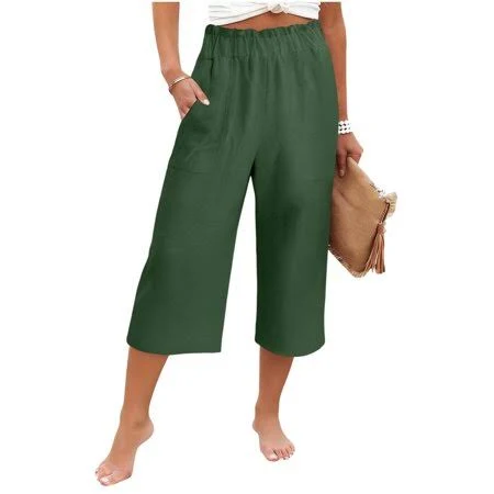 pants Women's Casual Loose Elastic High-Waisted Linen Wide Leg Capri Pants Walmart - SmartStyle $19.48