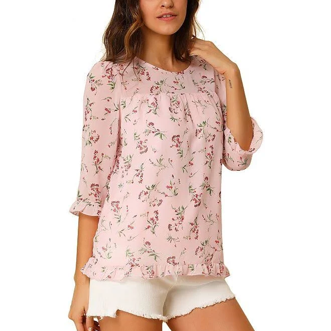 asymmetric neck top Women's Casual Ruffle 3/4 Sleeve Floral Print Chiffon Blouse, Size: Large, Pink Orange Kohl's $34.99