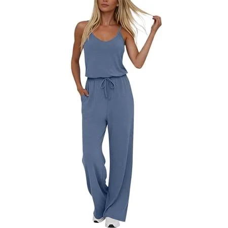 jumpsuit Women's Casual Sleeveless V-Neck Wide Leg Jumpsuit with Pockets Walmart - luckDabit $24.7