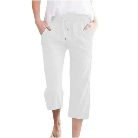 pants Women's Cotton Linen Wide Leg Capri Pants Walmart - AherBiu Store $6.99