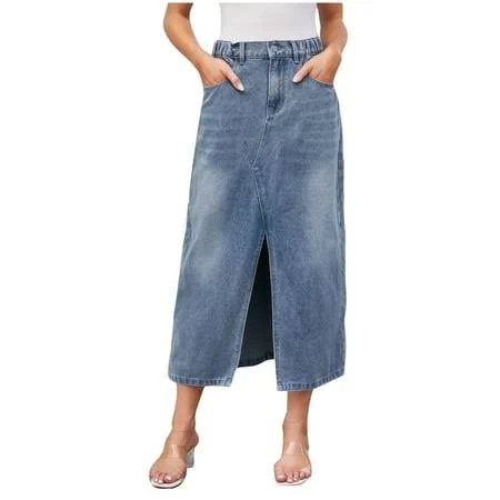 skirt Women's Denim Split Hem Midi Skirt Walmart - EINCcm $17.25