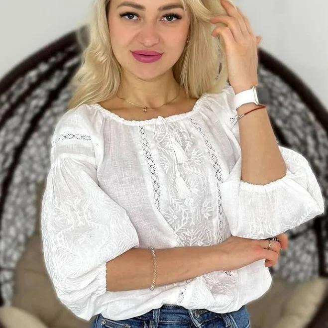 top Women's Embroidered Linen Peasant Blouse with 3/4 Sleeves Etsy - Seller $110
