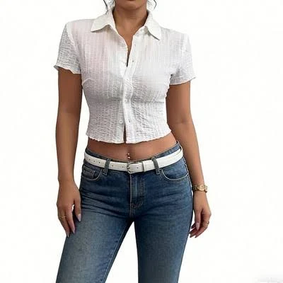 top Women's Fitted Collared Short Sleeve Textured Blouse Target $31.99