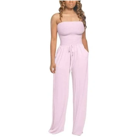 jumpsuit Women's Linen Bandeau Strapless Wide Leg Jumpsuit Pants with Pockets Walmart - Mrat $23.05