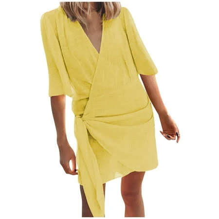 dress Women's Linen Wrap V Neck Mini Dress Walmart - Daiosportswear $7.49