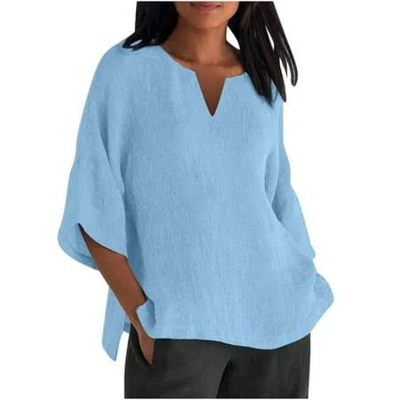 top Women's Oversized Half Sleeve V Neck Cotton Linen Tunic Walmart - DailyClosetVibe $10.21