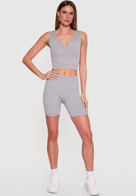 matching set Womens Ribbed Notch Neck Cropped Tank Top and Bike Shorts Set, Heather, Size M - Rainbow Shops Rainbow Shops $12.97