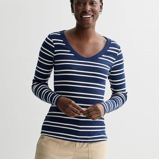 top Women's Sonoma Goods For Life Rib Long Sleeve V-Neck Tee, Size: Large, Navy Ecru Stripe Kohl's $6.79