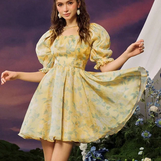 dress Women's Square Neck Puff Sleeve Organza Dress Shein $33.87