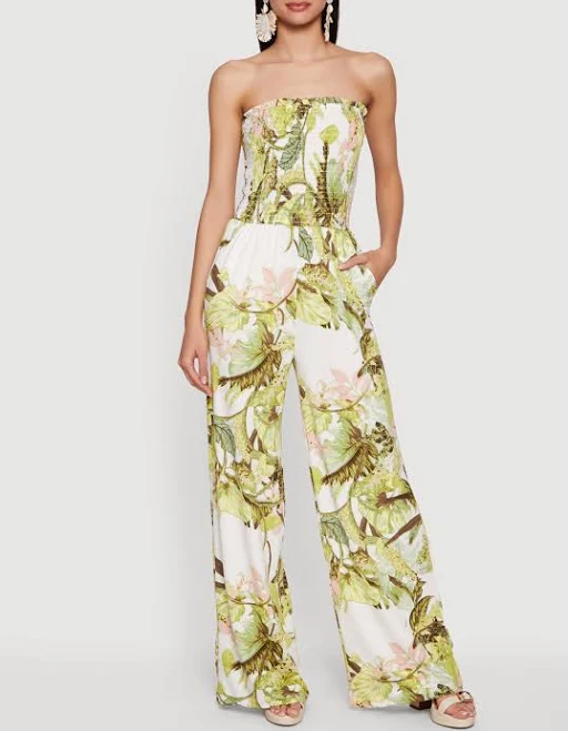 jumpsuit Women's Tropical Floral Leaf Print Smocked Strapless Jumpsuit Rainbow Shops $16.99