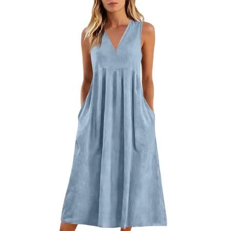 dress Women's V-Neck Sleeveless Pleated Cotton Linen Midi Dress with Pockets Walmart - bbyeadc $24.99