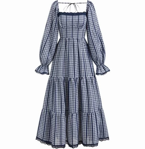 sundress Wuthering Romance Woven Cotton-Blend Gingham Maxi Tiered Dress Cider $52.9
