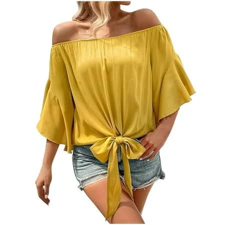 top Xflwam Women's Off The Shoulder Bell Sleeve Tops Tie Knot Front Chiffon Casual Loose Lightweight Blouses Walmart - SmartStyle $12.52