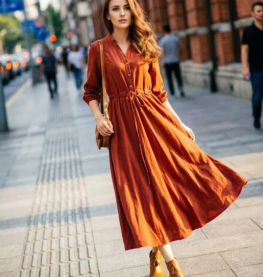 dress xiaolizi Rust Linen Maxi Shirt Dress with Drawstring Waist and Buttons XiaoLizi $89