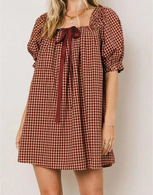 dress Y2K Square Neck Puff Sleeve Plaid Mini Dress Shein $18.87