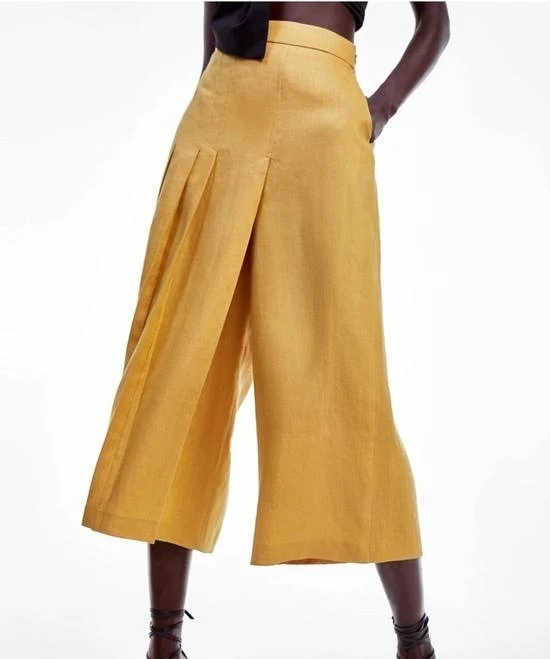 culottes Zara Linen Wide Leg Culotte Pants Sz S Mustard Yellow Pleated Cropped eBay $35