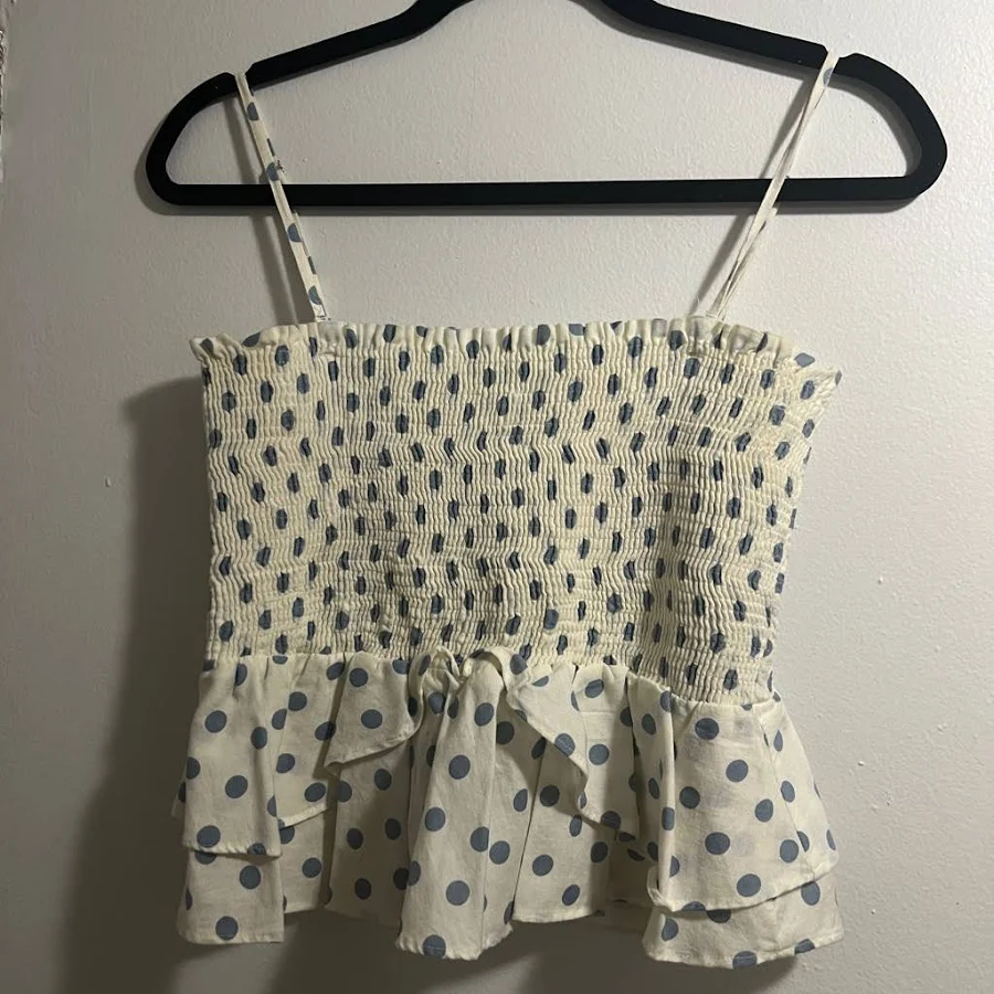 blouse Zara Tops | Zara Cream And Blue Polka Dot Smocked Top | Color: Blue/White | Size: M | Manhattan101's Closet Poshmark $40