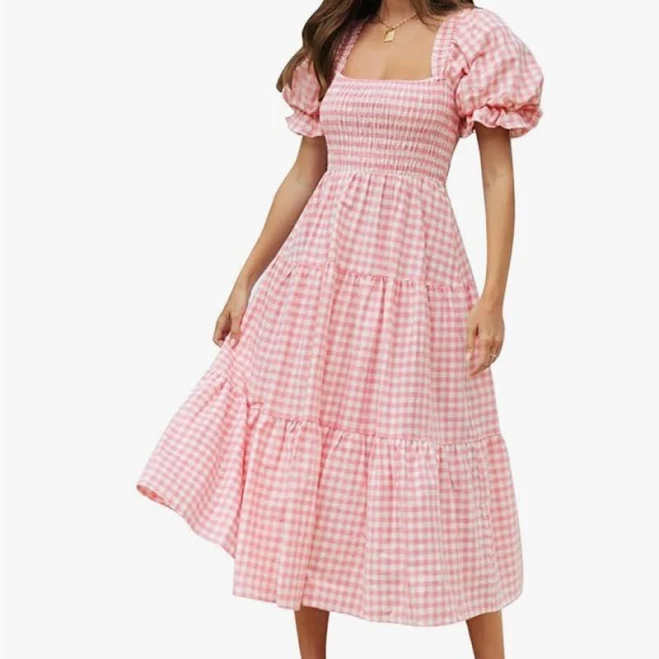 sundress Zesica Dresses | Chic Pink Gingham Midi Dress With Puff Sleeves | Color: Pink | Size: S | Tgram19's Closet Poshmark $20