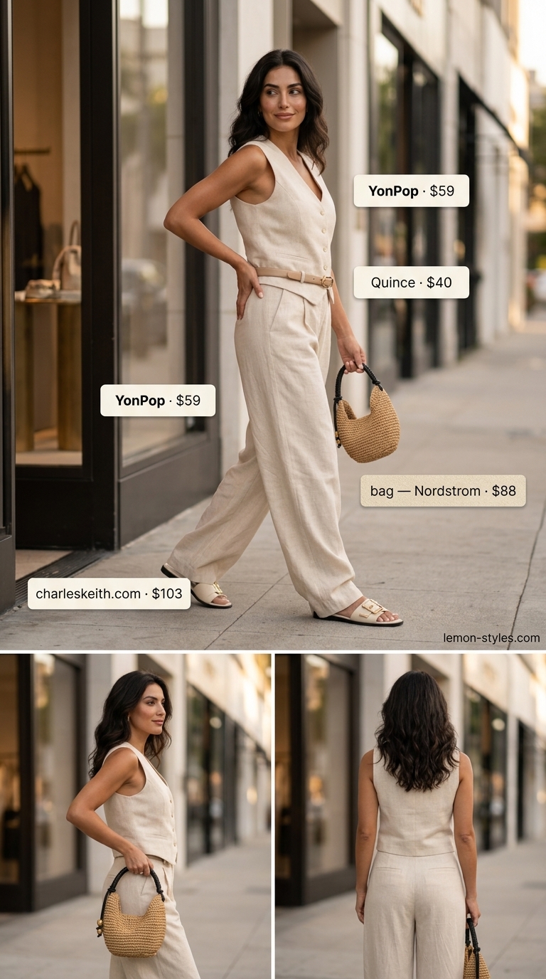 Quiet Luxury Old Money Summer Outfits 2026: Weekend Estate Escape Quiet luxury old money summer outfit: Beige linen matching set, cream sandals, straw bag for estate escape.