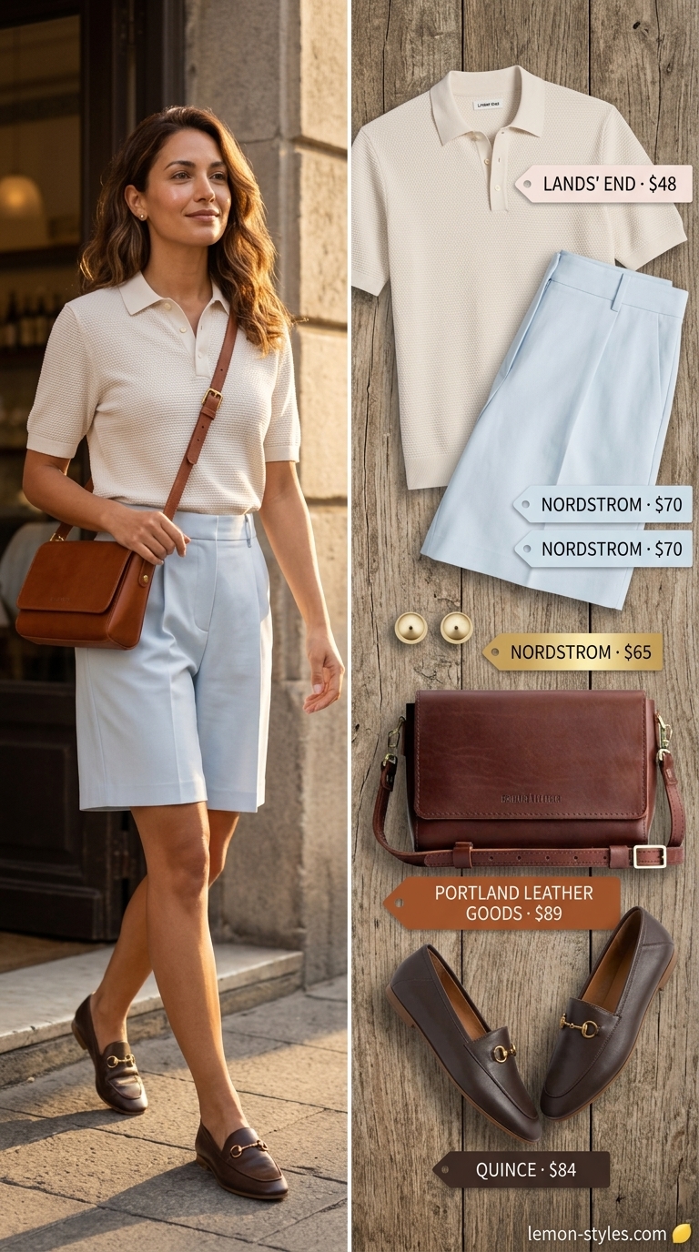 Quiet Luxury Old Money Summer Outfits 2026: Country Club Brunch Quiet luxury old money summer outfit: Pale blue Bermuda shorts, knit polo, loafers for country club brunch.