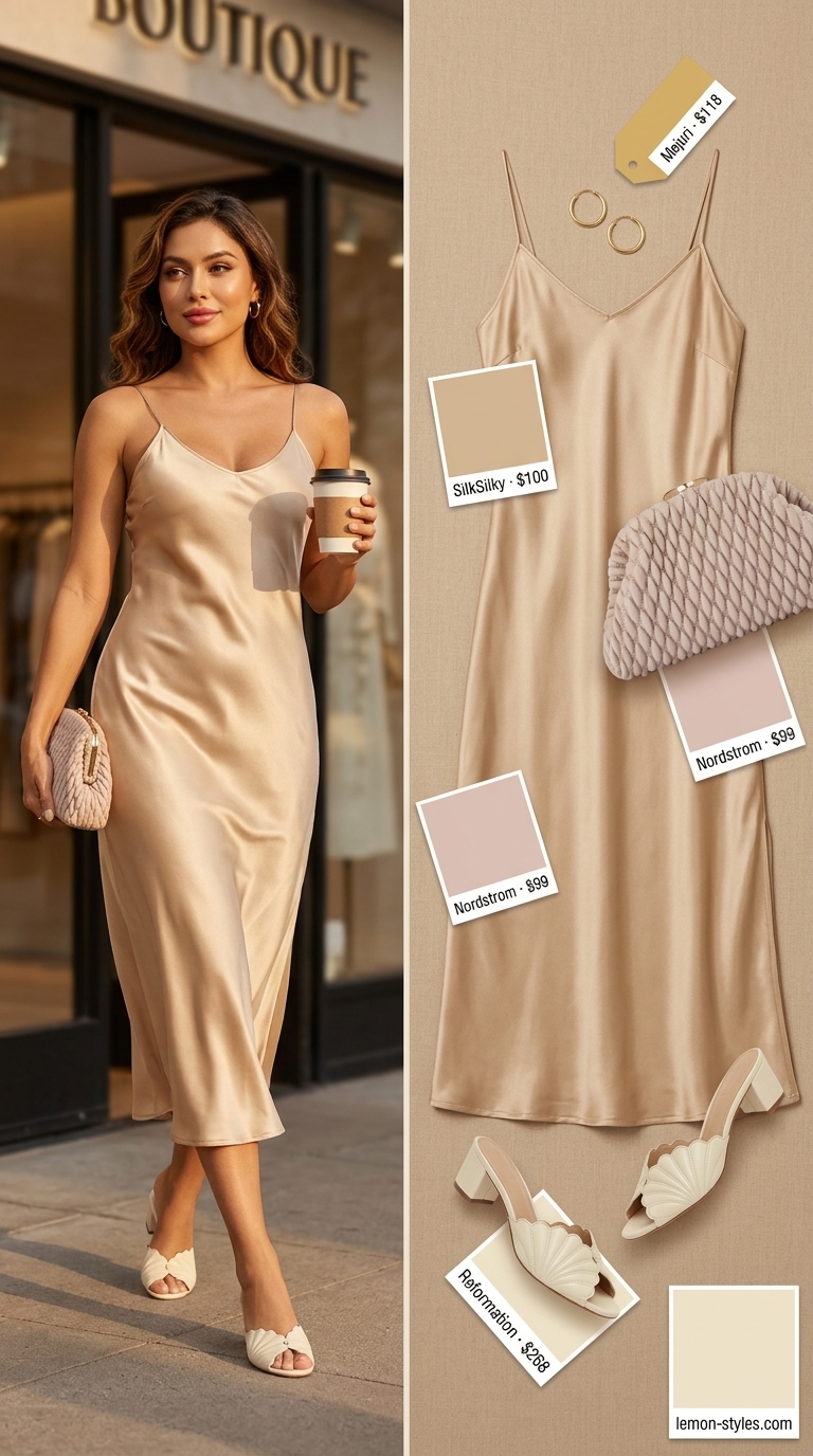 Quiet Luxury Old Money Summer Outfits 2026: Summer Evening Quiet luxury old money champagne silk dress for women 2026, perfect for date nights or summer parties.