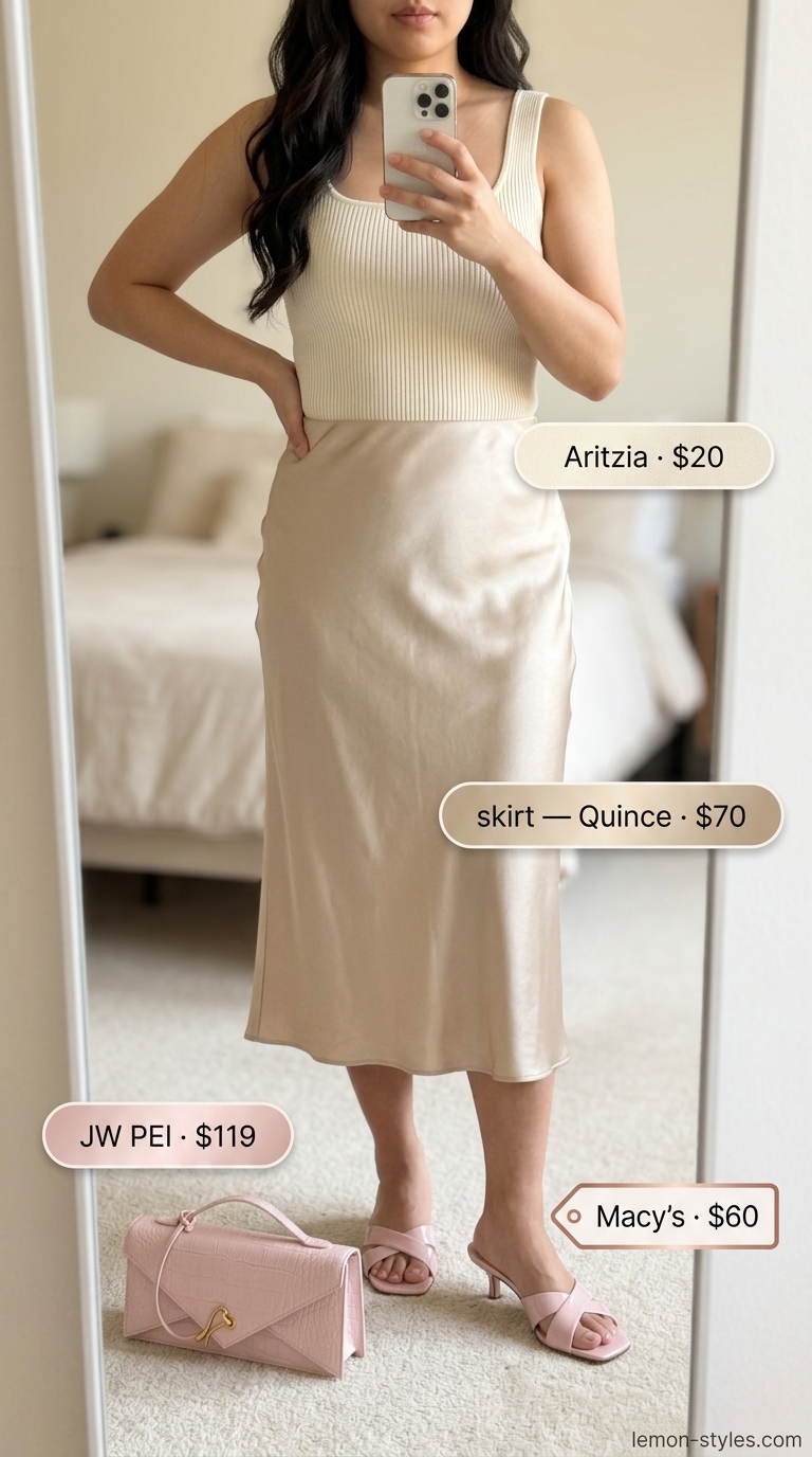 Quiet Luxury Old Money Summer Outfits 2026: Champagne Soirée Quiet luxury old money champagne silk skirt for women 2026, ideal for evening gatherings or cocktail parties.