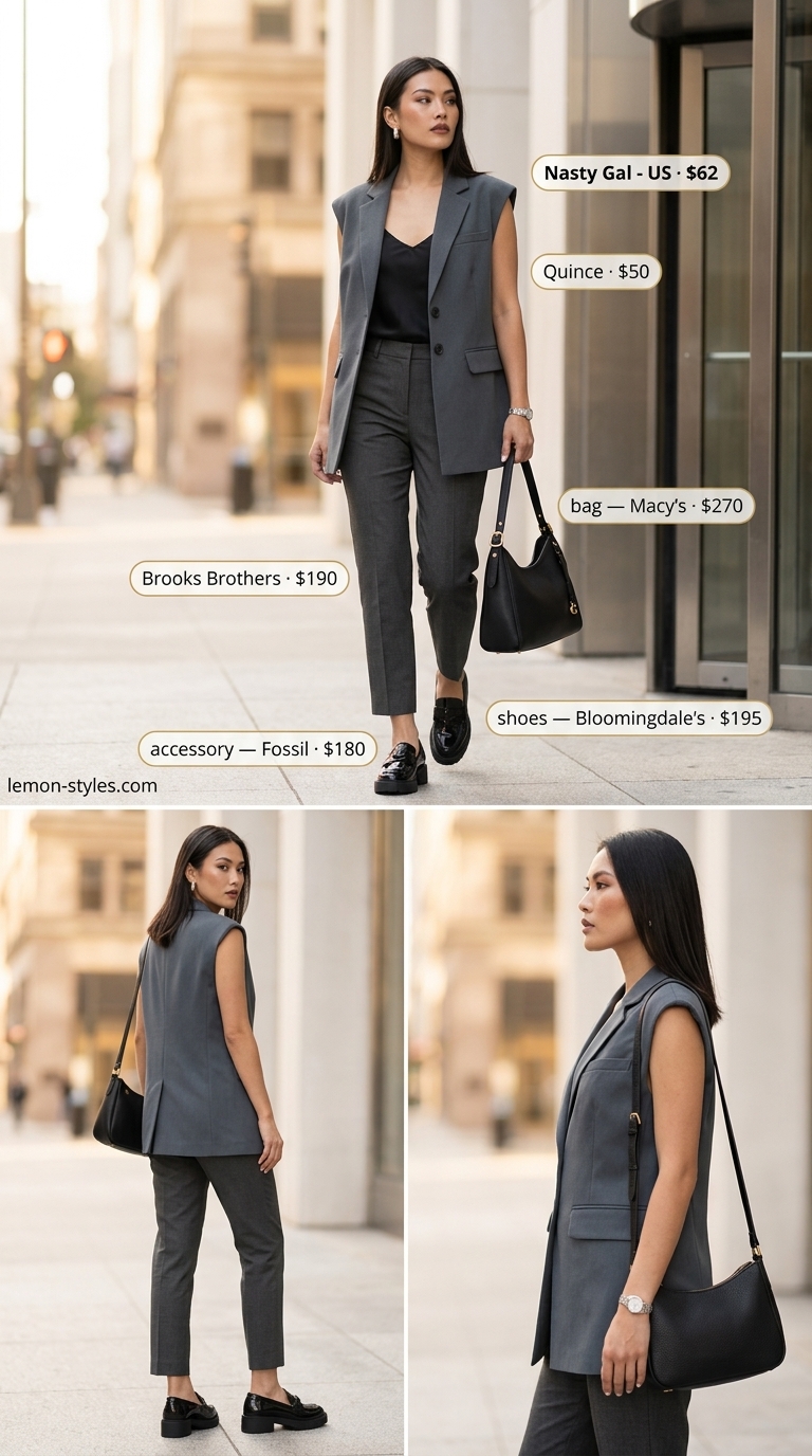 Quiet Luxury Old Money Summer Outfits 2026: City Summer Tailoring Quiet luxury old money summer outfit: Charcoal blazer, trousers, silk cami, loafers for city tailoring.