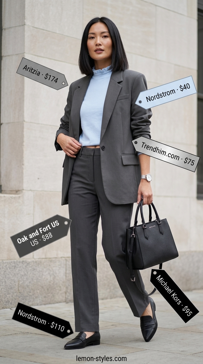 Quiet Luxury Old Money Summer Outfits 2026: City Executive Quiet luxury old money charcoal grey suit for women 2026, ideal for office wear or business lunches.