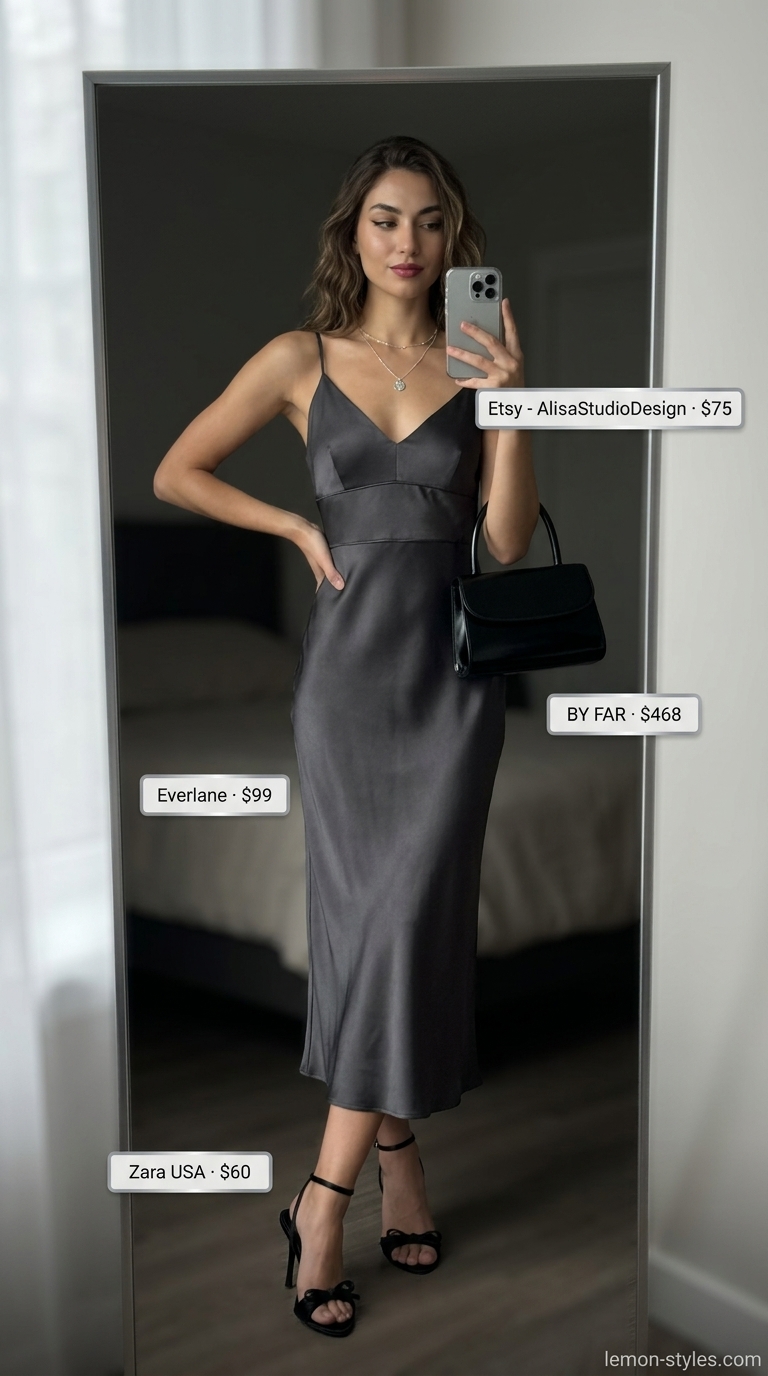 Quiet Luxury Old Money Summer Outfits 2026: Formal Dinner Dress Quiet luxury old money charcoal grey silk slip dress for women 2026, perfect for a formal dinner or cocktail party.