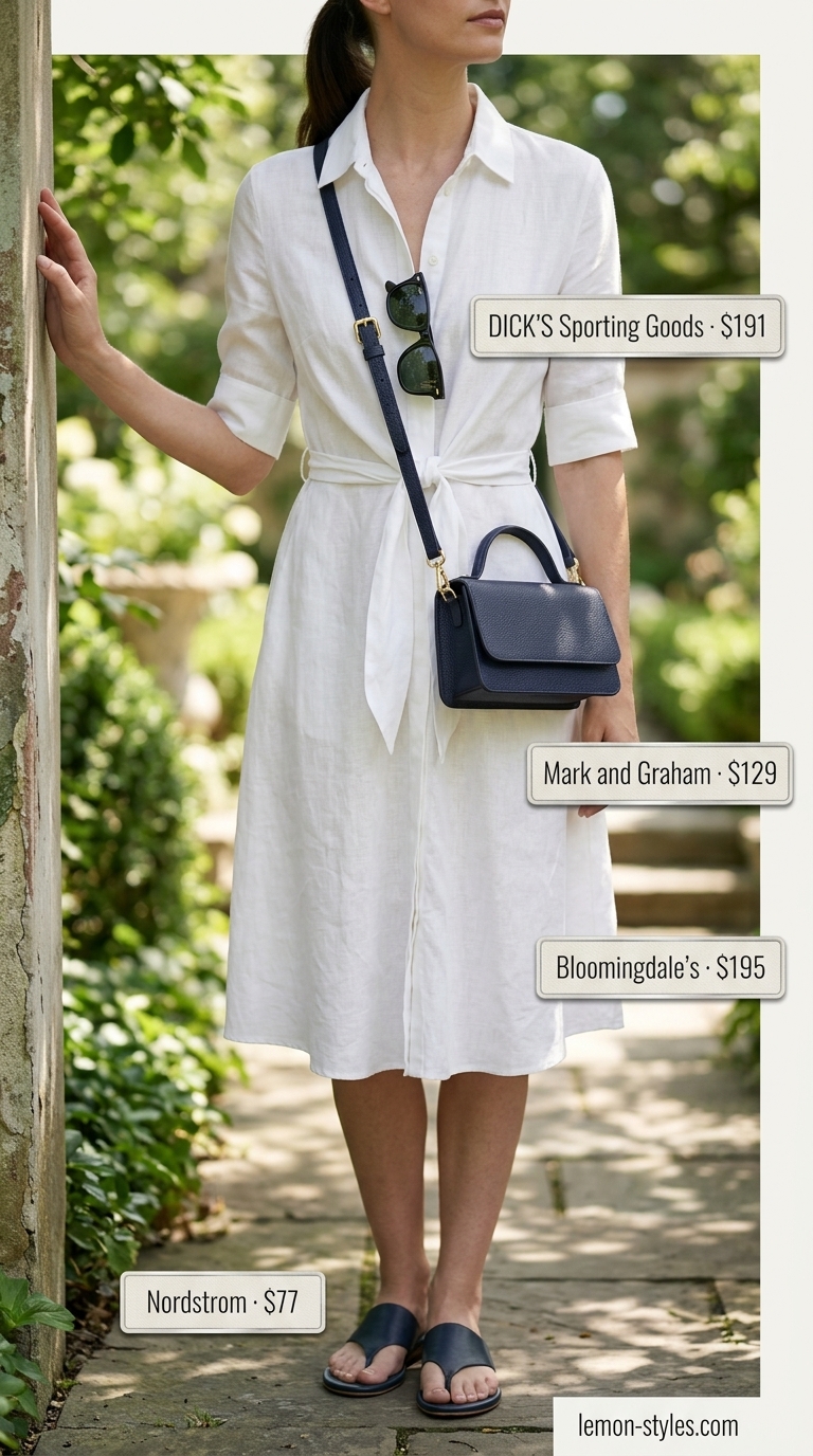 Coastal Brunch Style: Quiet Luxury Summer Outfits 2026 Quiet luxury old money summer outfits for women 2026: White linen maxi shirtdress, navy crossbody, silver earrings for coastal brunch.