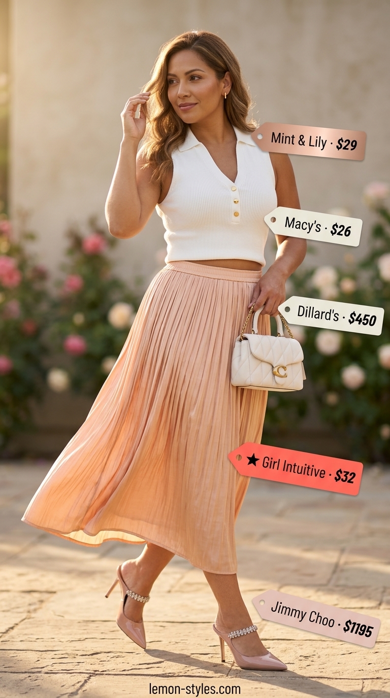 Garden Party Elegance: Quiet Luxury Summer Outfits 2026 Quiet luxury old money summer outfits for women 2026: Peach satin midi skirt, ivory knit top, nude mules for garden party.