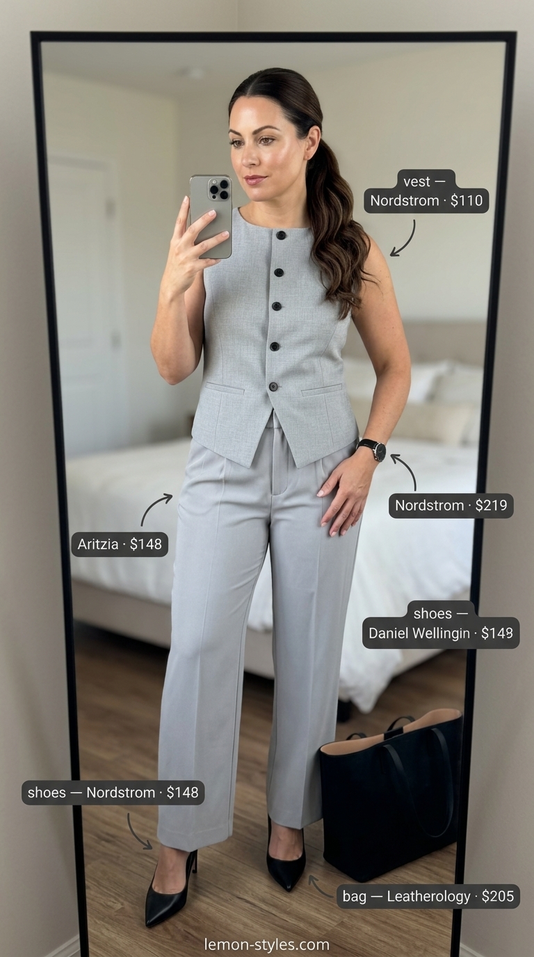Quiet Luxury Old Money Summer Outfits 2026: City Power Lunch Quiet luxury old money summer outfit: Light grey linen vest & trousers, white top, black pumps for city power lunch.