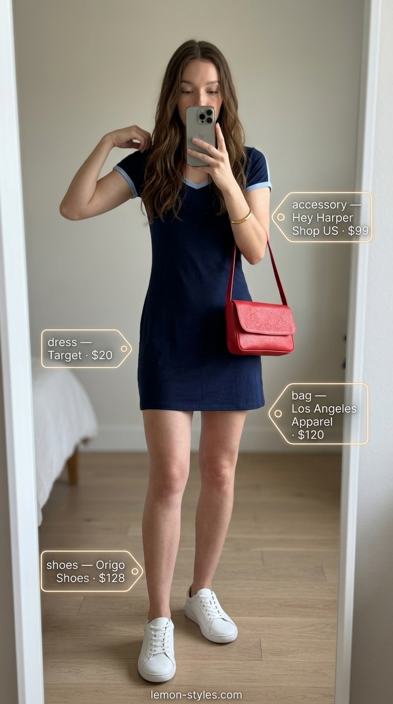Quiet luxury old money summer outfits for women 2026: Navy A-line mini dress, white sneakers, red bag for daytime chic.