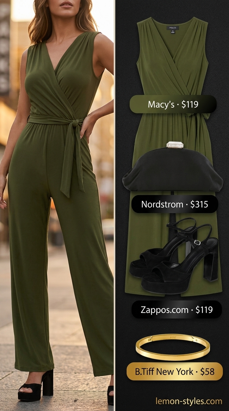 Sunset Soiree Jumpsuit: Quiet Luxury Summer Outfits 2026 Quiet luxury old money summer outfits for women 2026: Olive green jumpsuit, black block heels, gold earrings for evening.
