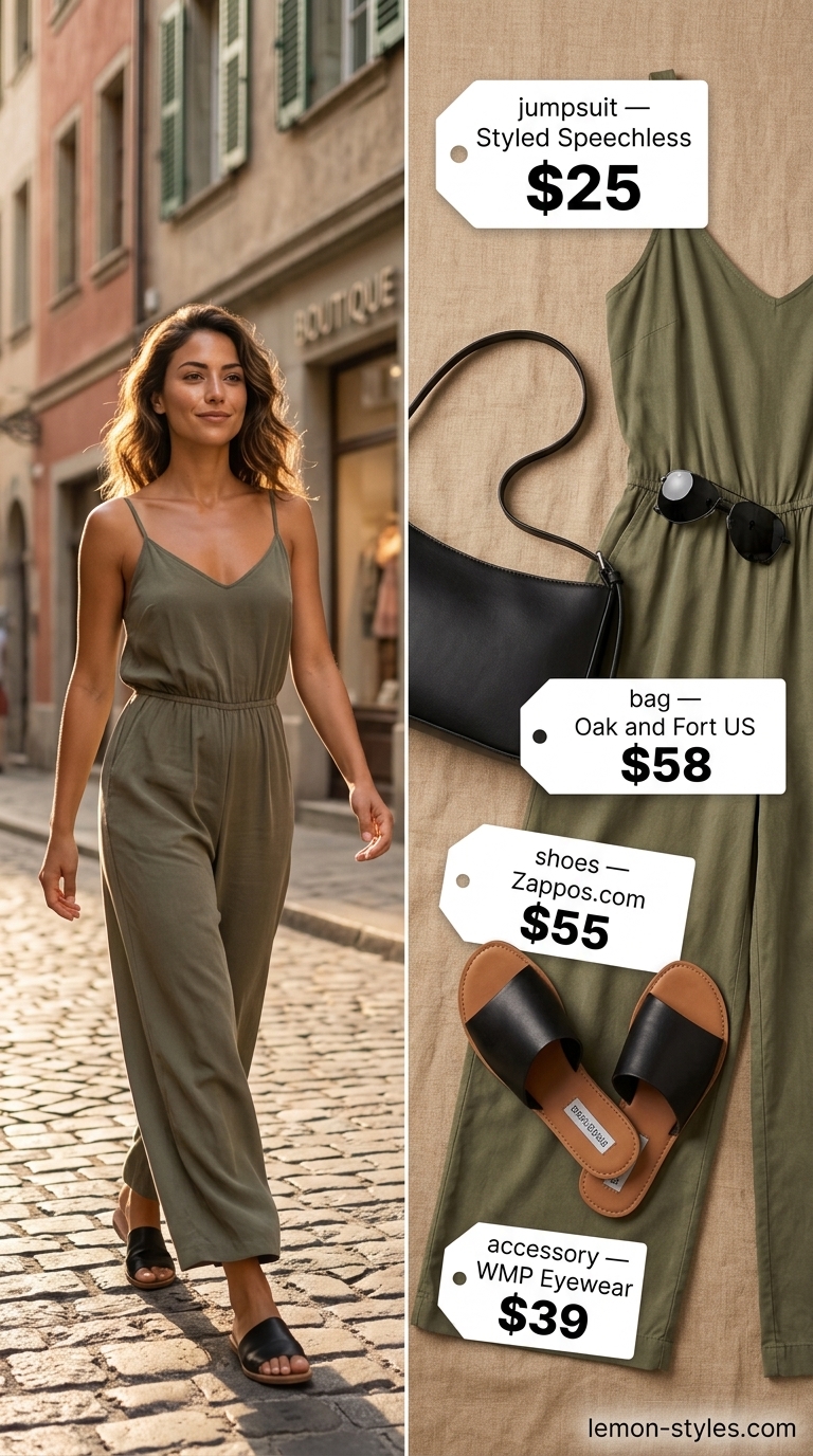 Quiet Luxury Old Money Summer Outfits 2026: Al Fresco Jumpsuit Quiet luxury old money olive green jumpsuit for women 2026, perfect for casual lunches or day trips.