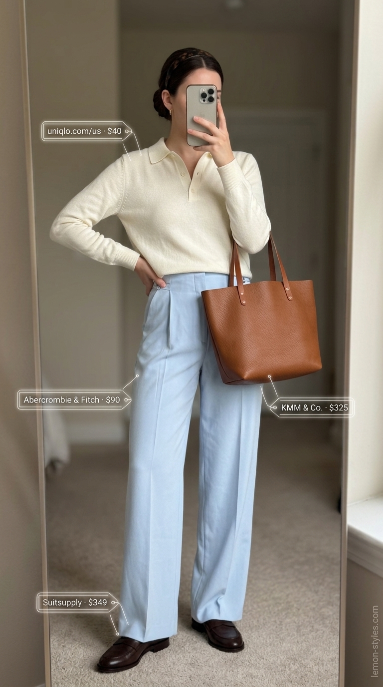 Quiet Luxury Old Money Summer Outfits 2026: Country Club Casual Quiet luxury old money pale blue trousers and polo for women 2026, perfect for country club or casual dinners.