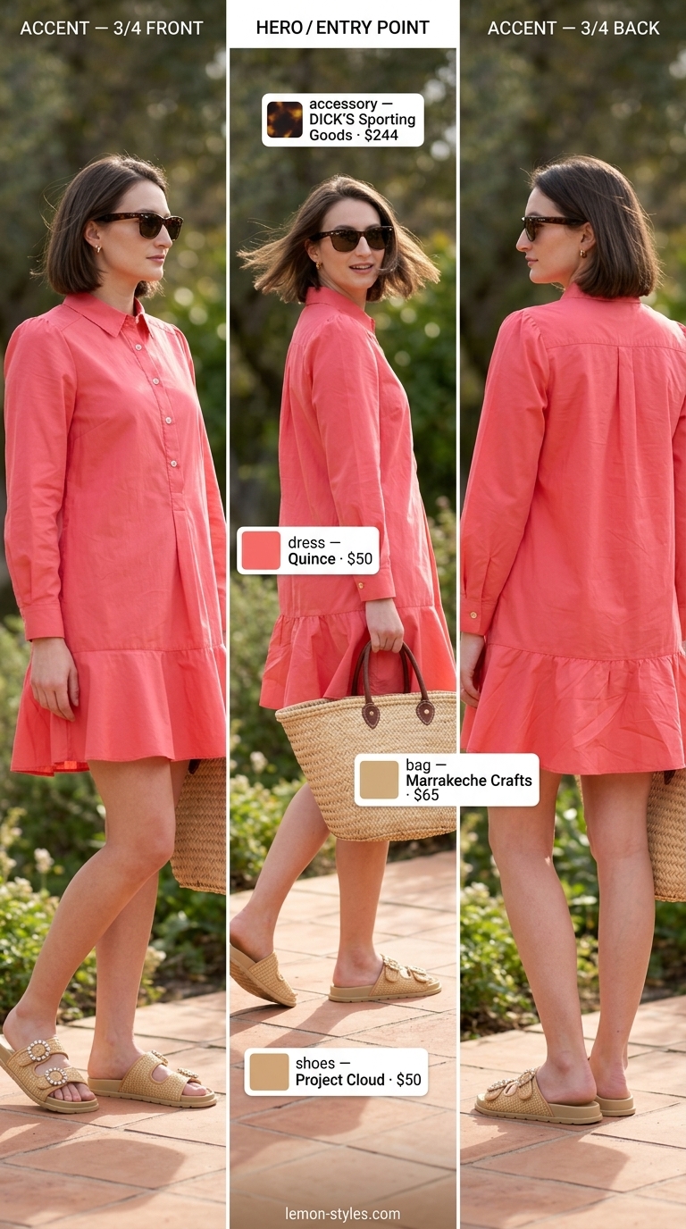 Quiet Luxury Old Money Summer Outfits 2026: Garden Party Shirtdress Quiet luxury old money summer outfit: Peach cotton poplin shirtdress, straw tote, leather slides for garden party.