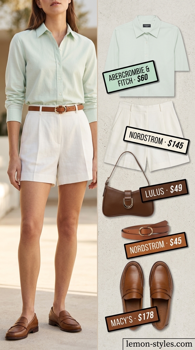 Polo Club Brunch: Quiet Luxury Summer Outfits 2026 Quiet luxury old money summer outfits for women 2026: White linen shorts, pale green shirt, loafers for polo club brunch.