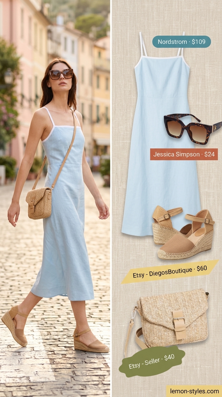 Riviera Rendezvous: Quiet Luxury Summer Outfits 2026 Quiet luxury old money summer outfits for women 2026: Sky blue linen dress, espadrilles, straw bag for Riviera rendezvous.