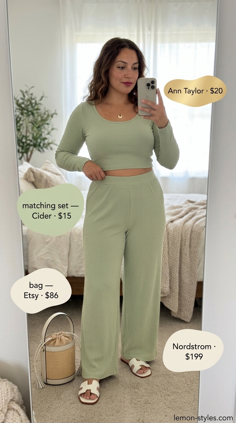 Quiet Luxury Old Money Summer Outfits 2026: Garden Party Set Quiet luxury old money sage green knit set for women 2026, ideal for garden parties or resort dinners.