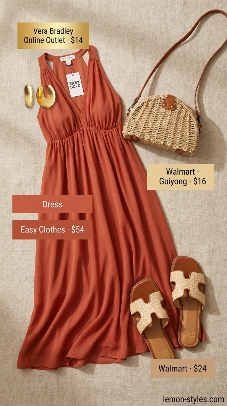 Quiet Luxury Old Money Summer Outfits 2026: Mediterranean Dinner Quiet luxury old money summer outfit: Terracotta crinkle cotton maxi dress, gold earrings, raffia sandals for vacation dinner.