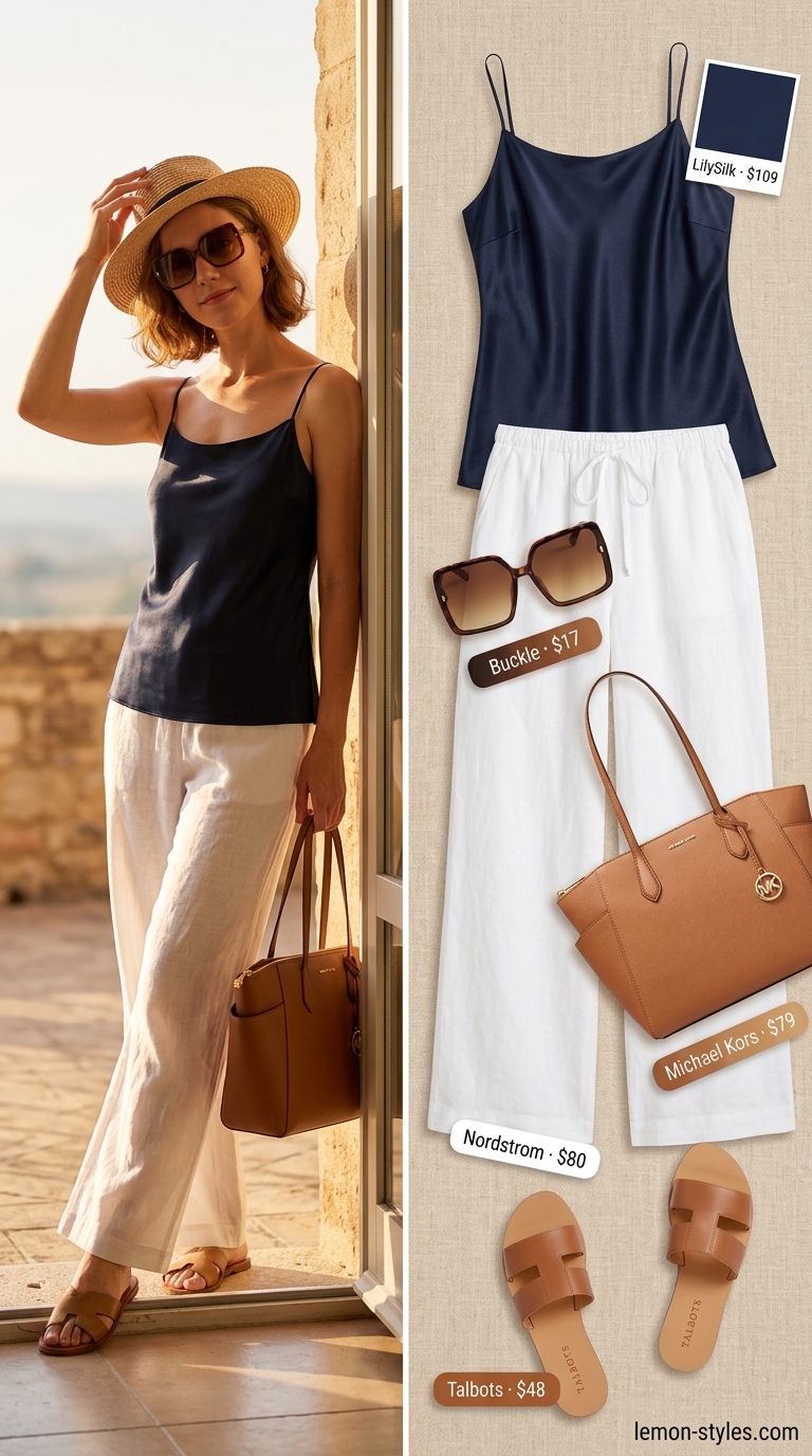 Quiet Luxury Old Money Summer Outfits 2026: Coastal Riviera Elegance Quiet luxury old money summer outfit: White linen pants, navy camisole, tan sandals for coastal elegance.
