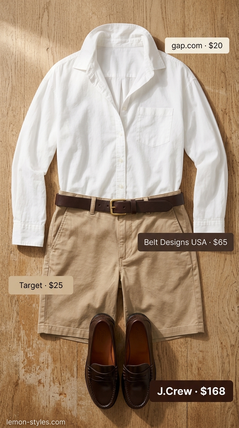 Quiet Luxury Old Money Summer Outfits 2026: Equestrian Lunch Quiet luxury old money summer outfit: White button-down, khaki shorts, loafers for equestrian club lunch.