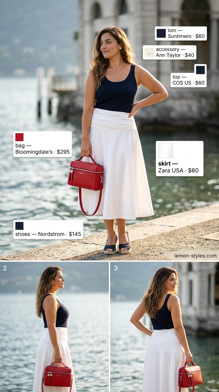 Quiet Luxury Old Money Summer Outfits 2026: Lakeside Leisure Quiet luxury old money summer outfit: White midi skirt, navy tank, espadrilles, red bag for lakeside leisure.