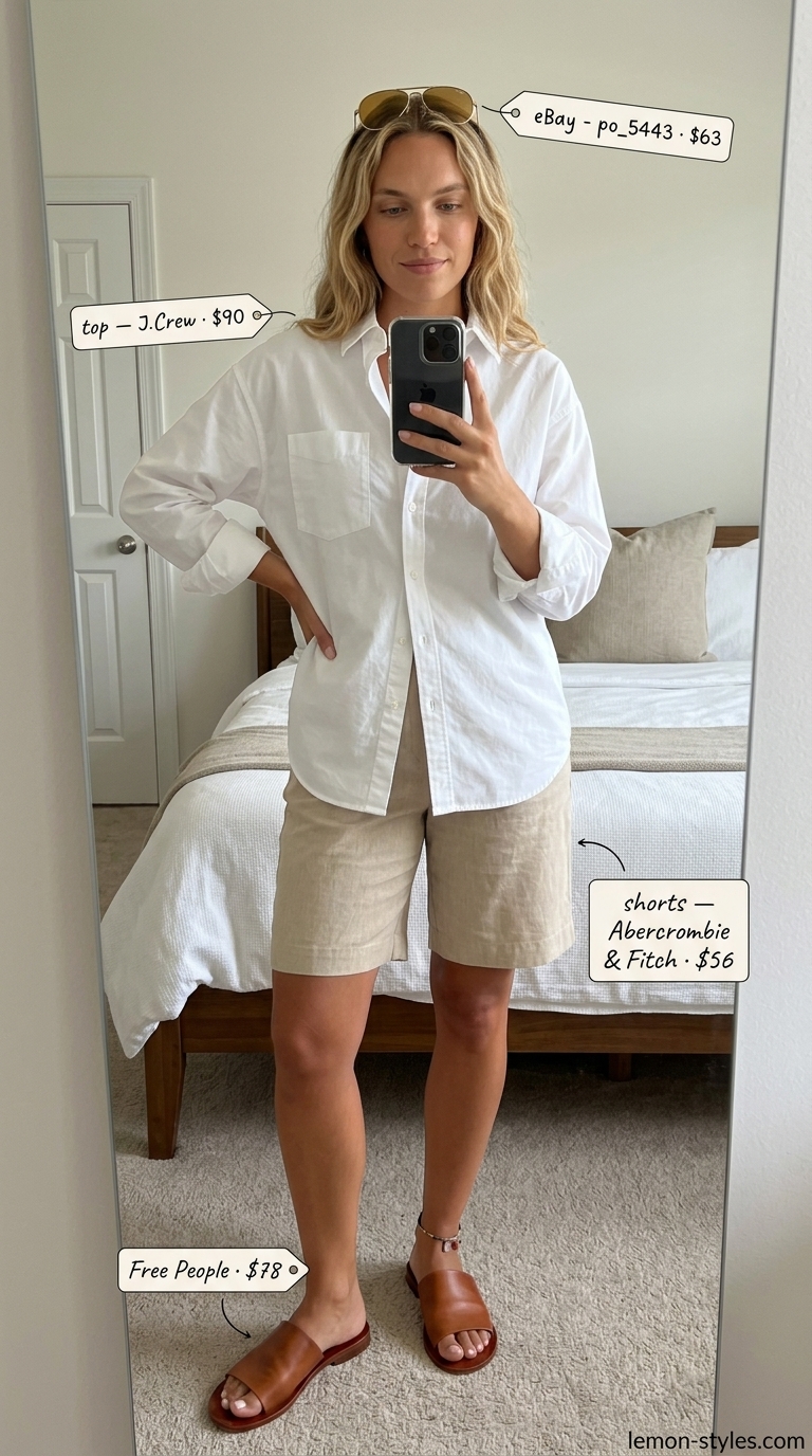 Yacht Club Chic: Quiet Luxury Summer Outfits 2026 Quiet luxury old money summer outfits for women 2026: Beige Bermuda shorts, white button-down, straw tote, aviators for yachting.