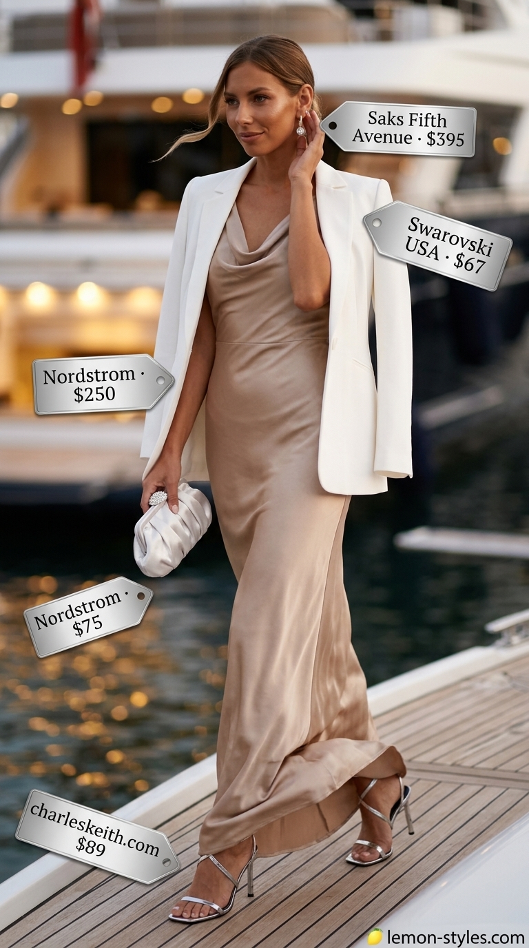Yacht Club Evening: Quiet Luxury Summer Outfits 2026 Quiet luxury old money summer outfits for women 2026: Champagne silk dress, ivory blazer, silver heels for yacht club evening.