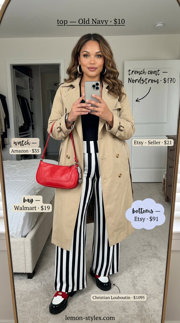 Artistic Rainy Day Trench Outfits for Women 2026 Rainy day summer trench outfits for women 2026: Beige trench, striped pants, black top, red bag for artistic expression.