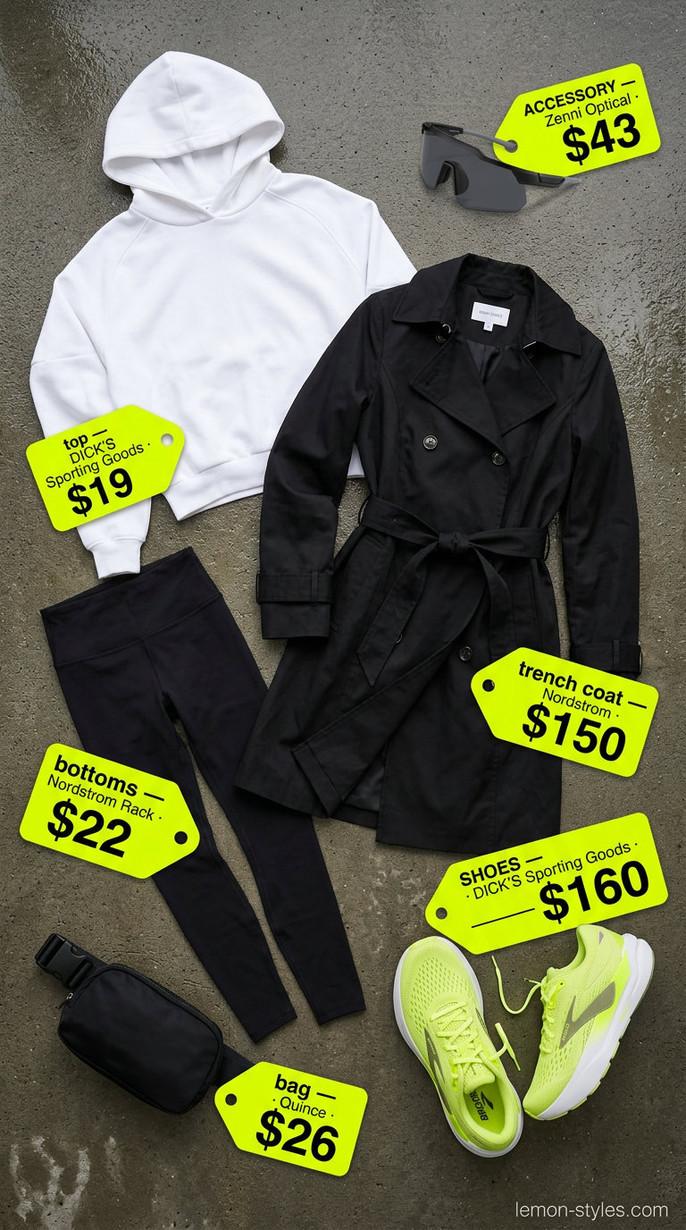 Athleisure Rainy Day Trench Outfits for Women 2026 Rainy day summer trench outfits for women 2026: Black trench, white hoodie, black leggings, neon sneakers for athleisure.
